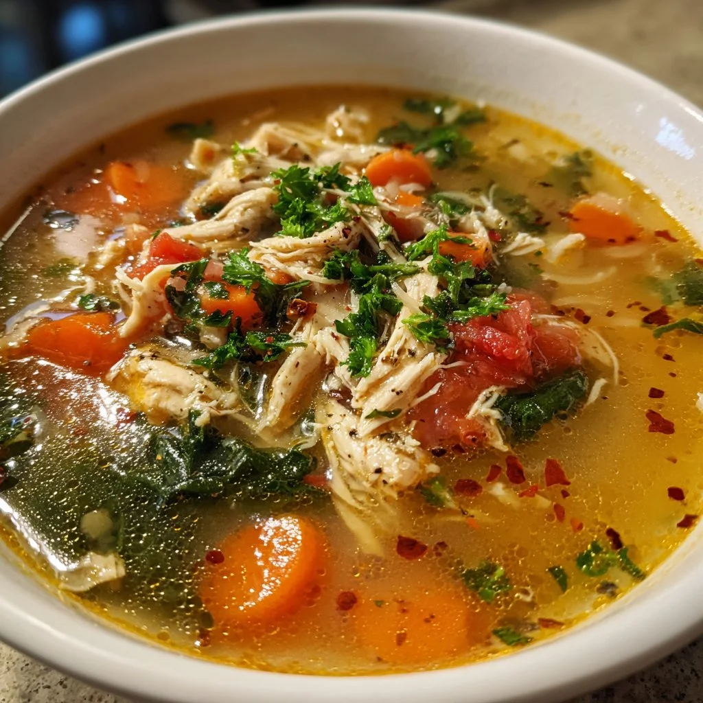 Delicious bowl of Easy Marry Me Chicken Soup with vegetables and herbs