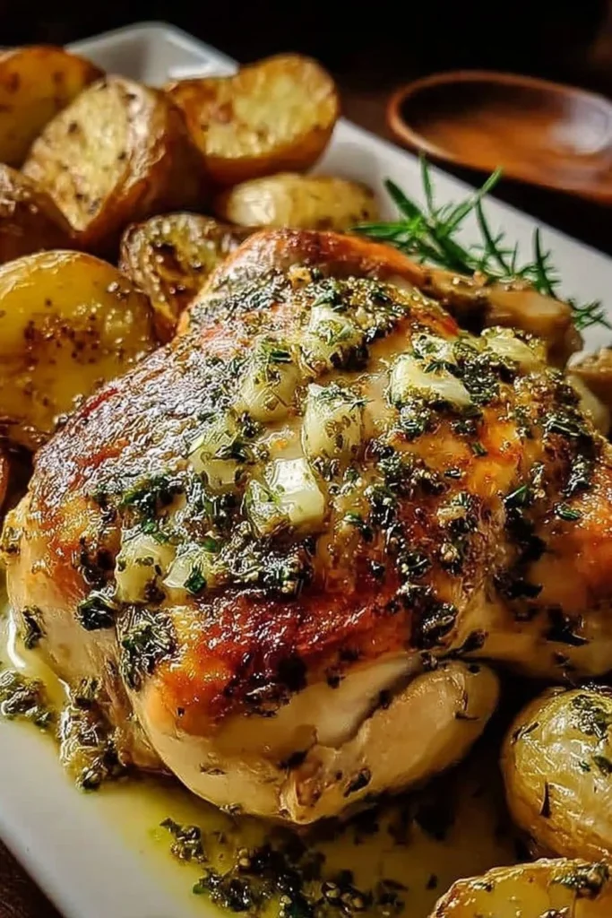 Delicious Garlic Herb Butter Roasted Chicken served with fresh herbs.