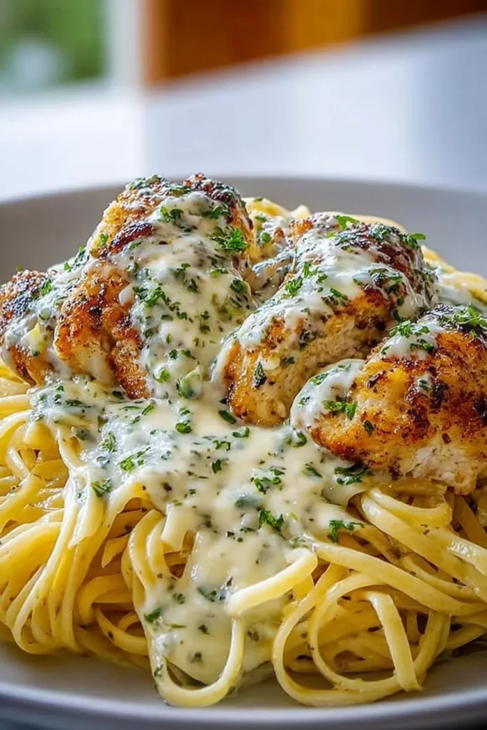 Garlic Herb Mozzarella Chicken served with creamy spaghetti cheddar cream