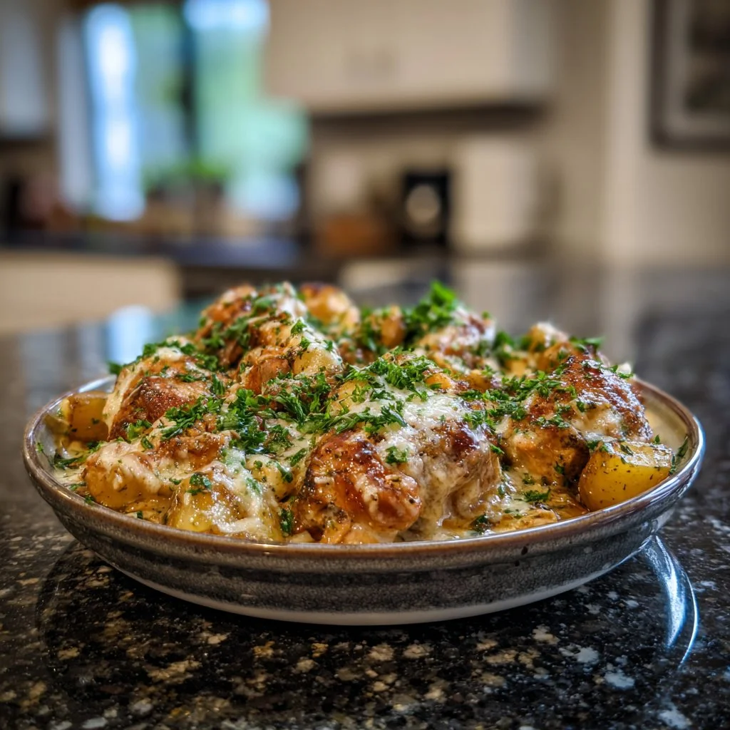 Delicious Garlic Parmesan Crockpot Chicken with Potatoes served in a bowl.