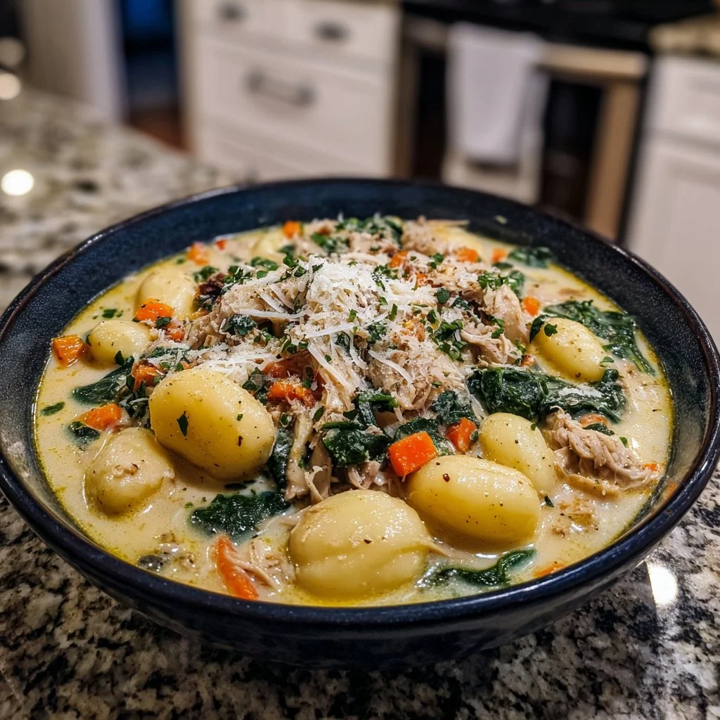 Italian Chicken Gnocchi Soup in a bowl with fresh herbs and ingredients