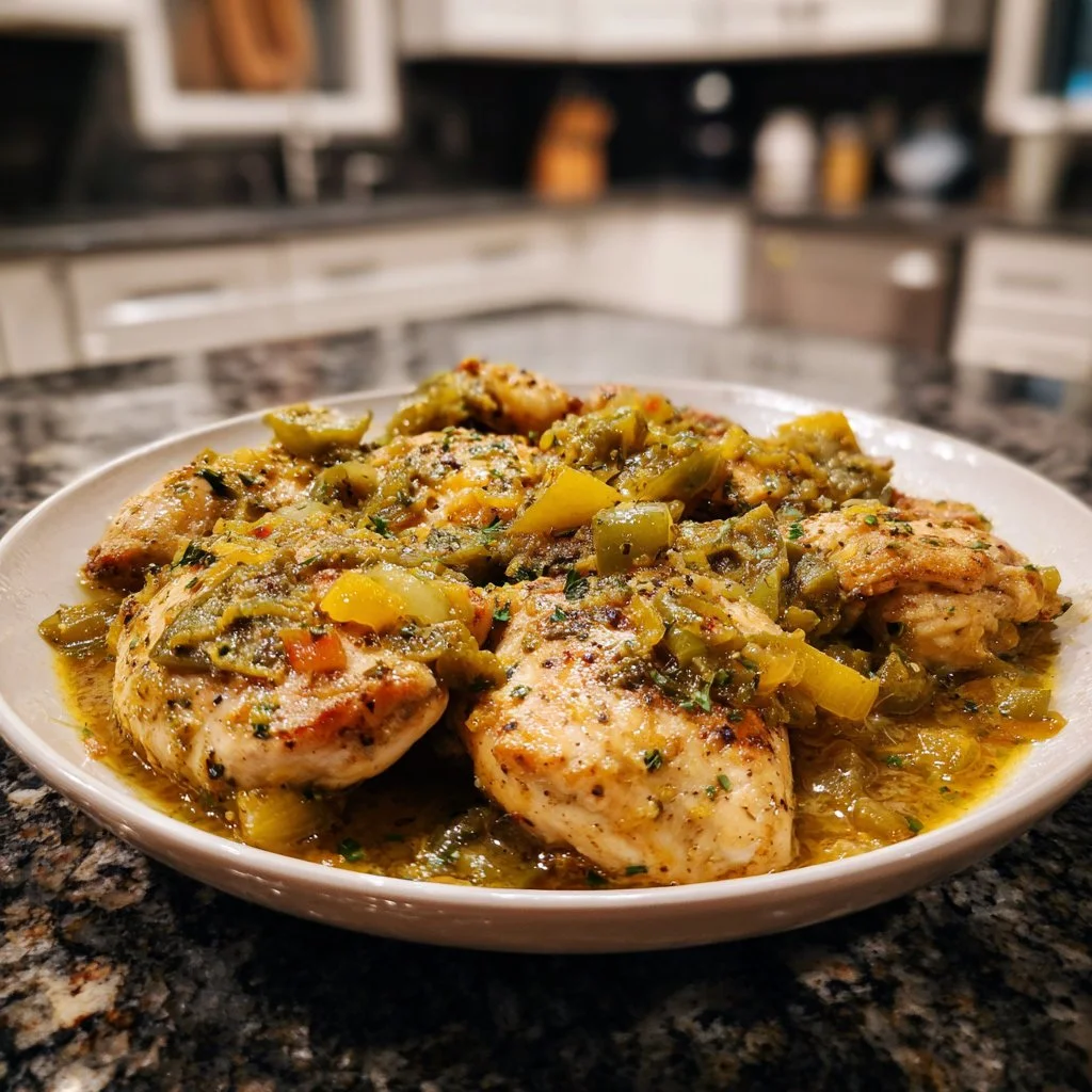 Plate of Jalapeño Peach Chicken garnished with fresh herbs