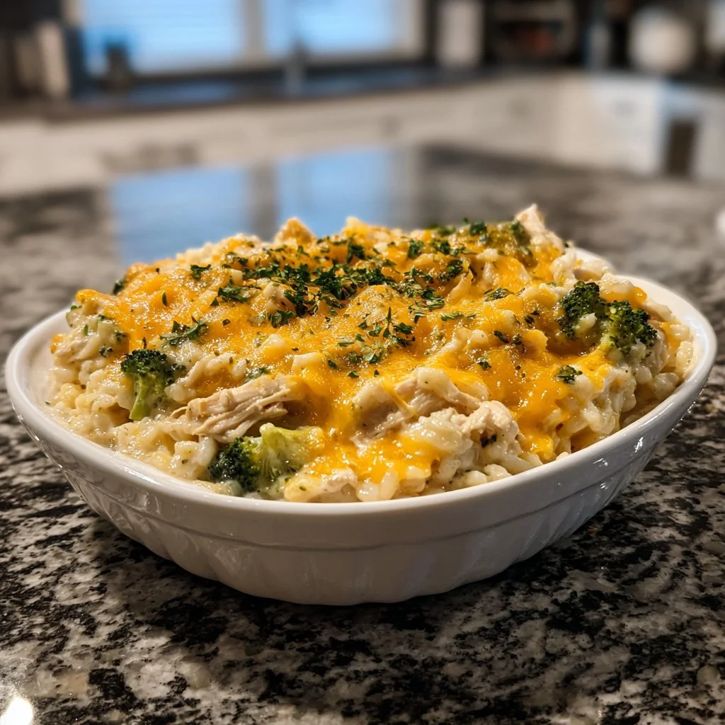 One-Pan Cheesy Chicken and Rice Casserole with greens and cheese on top