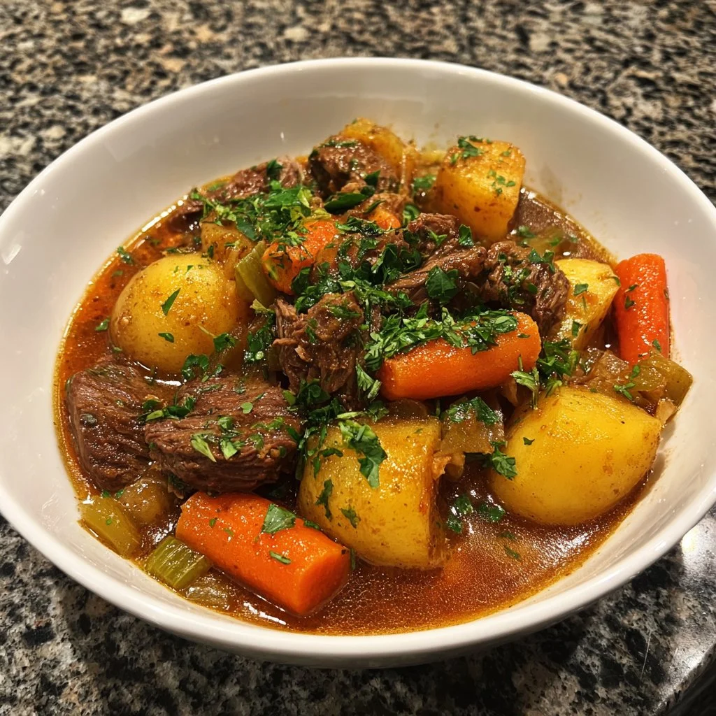 Delicious Pioneer Woman Crockpot beef stew with fresh vegetables and herbs.