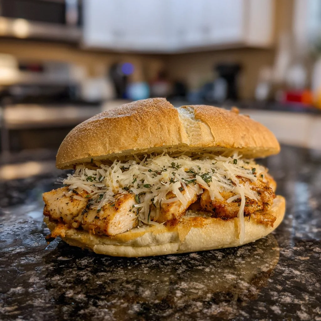 Slow Cooker Parmesan Garlic Chicken Sandwich with fresh ingredients ready to serve