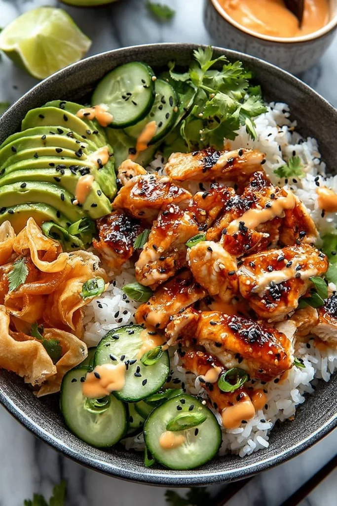 Delicious spicy honey-ginger chicken bowl with Yum Yum sauce