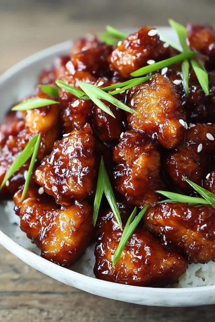 Delicious sticky honey chicken served with vibrant vegetables