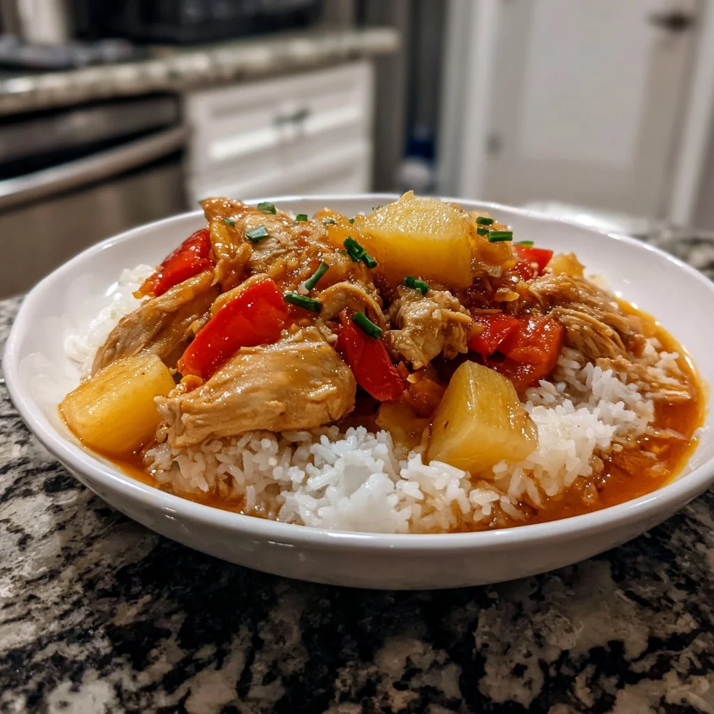 Sweet Hawaiian Crock Pot Chicken served with pineapple on a plate