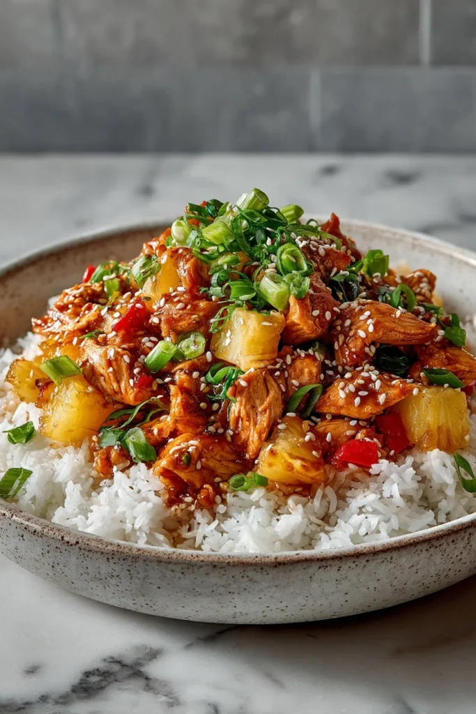 Delicious teriyaki chicken and pineapple bowls served for a flavorful meal.