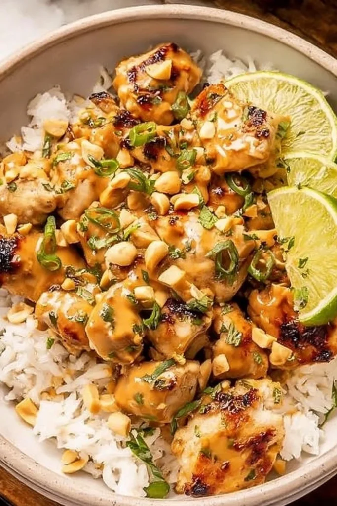 Plate of Thai Peanut Chicken with creamy peanut sauce and garnished with cilantro