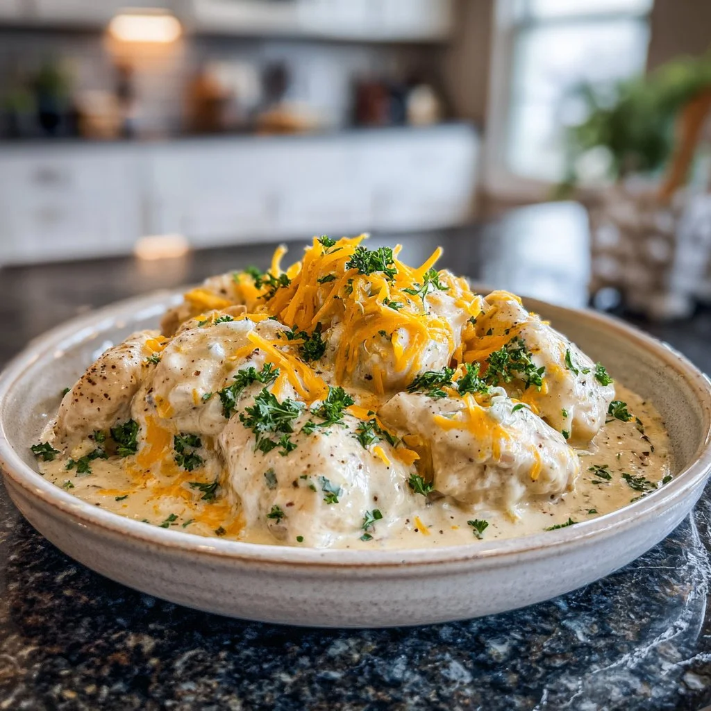 Creamy ranch chicken dish made in a crock pot with herbs and spices.