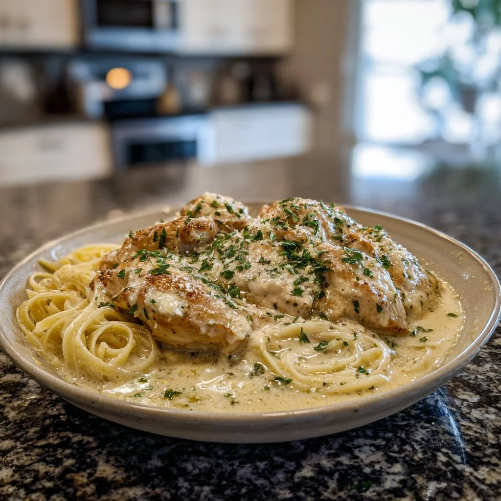 Delicious Crockpot Angel Chicken served with creamy sauce and herbs.