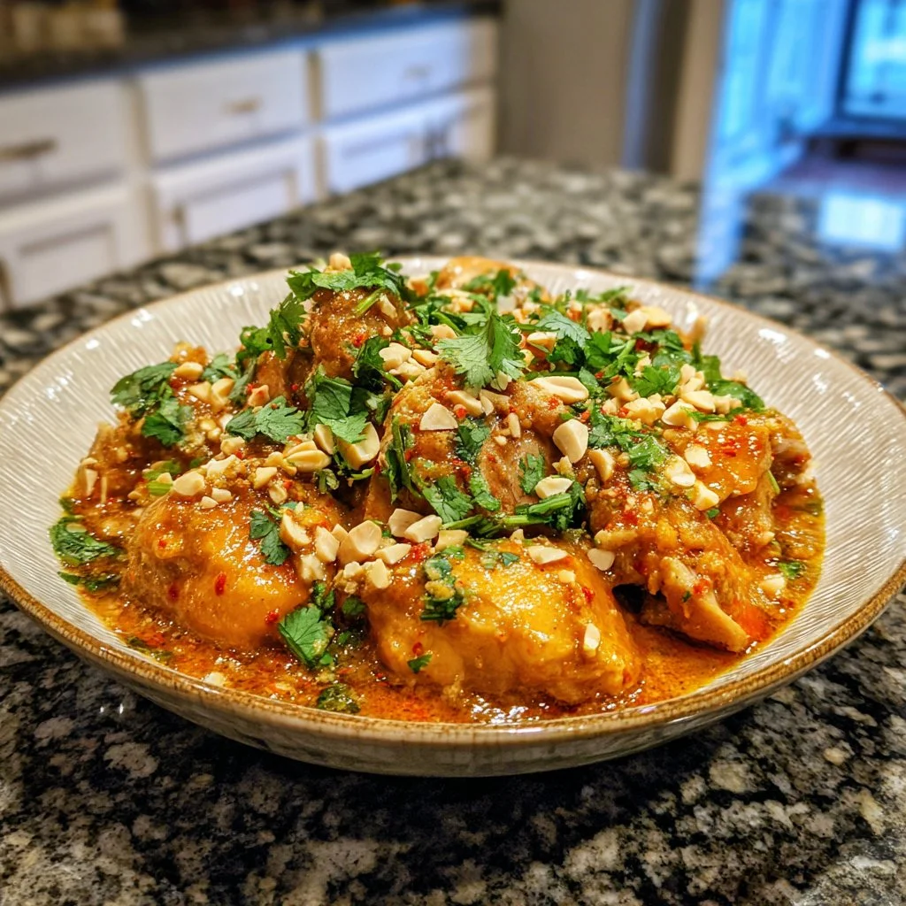 Cozy Crockpot Thai Peanut Chicken served in a bowl with garnish