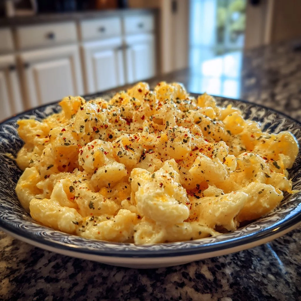 Creamy slow cooker mac and cheese in a cozy kitchen setting.