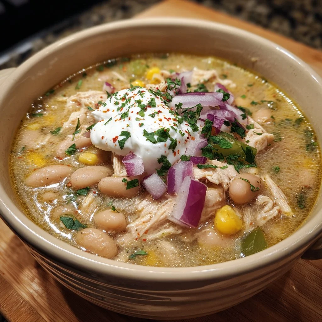 Bowl of amazing cozy white chicken chili topped with cilantro and lime