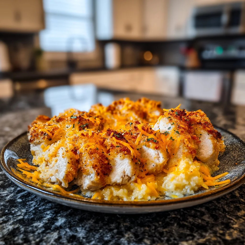 Crispy Cheddar Baked Chicken fresh out of the oven garnished with herbs