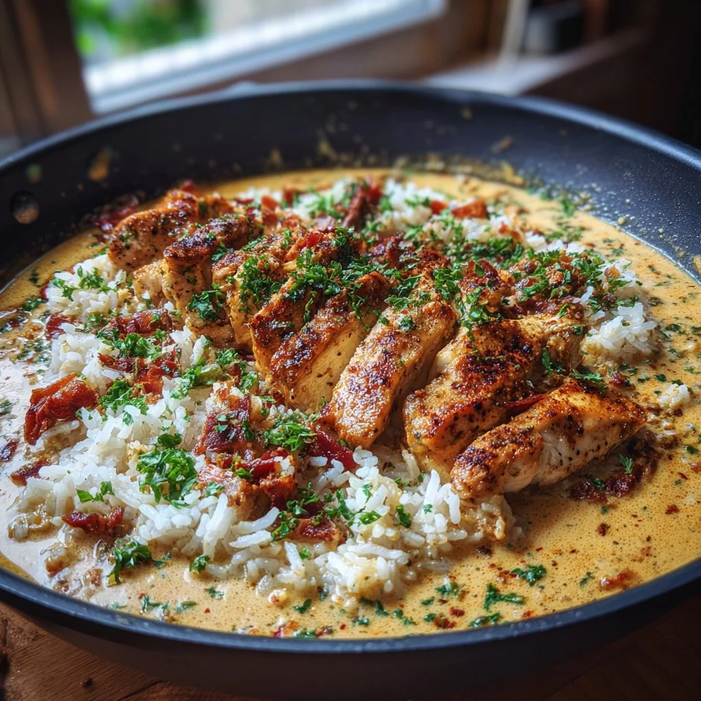 Creamy Cajun chicken served with rice, garnished with herbs.