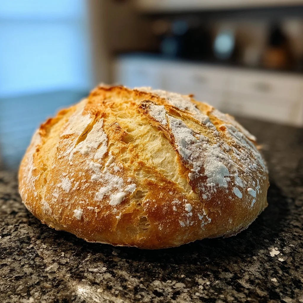 A loaf of freshly baked slow cooker bread on a wooden cutting board.