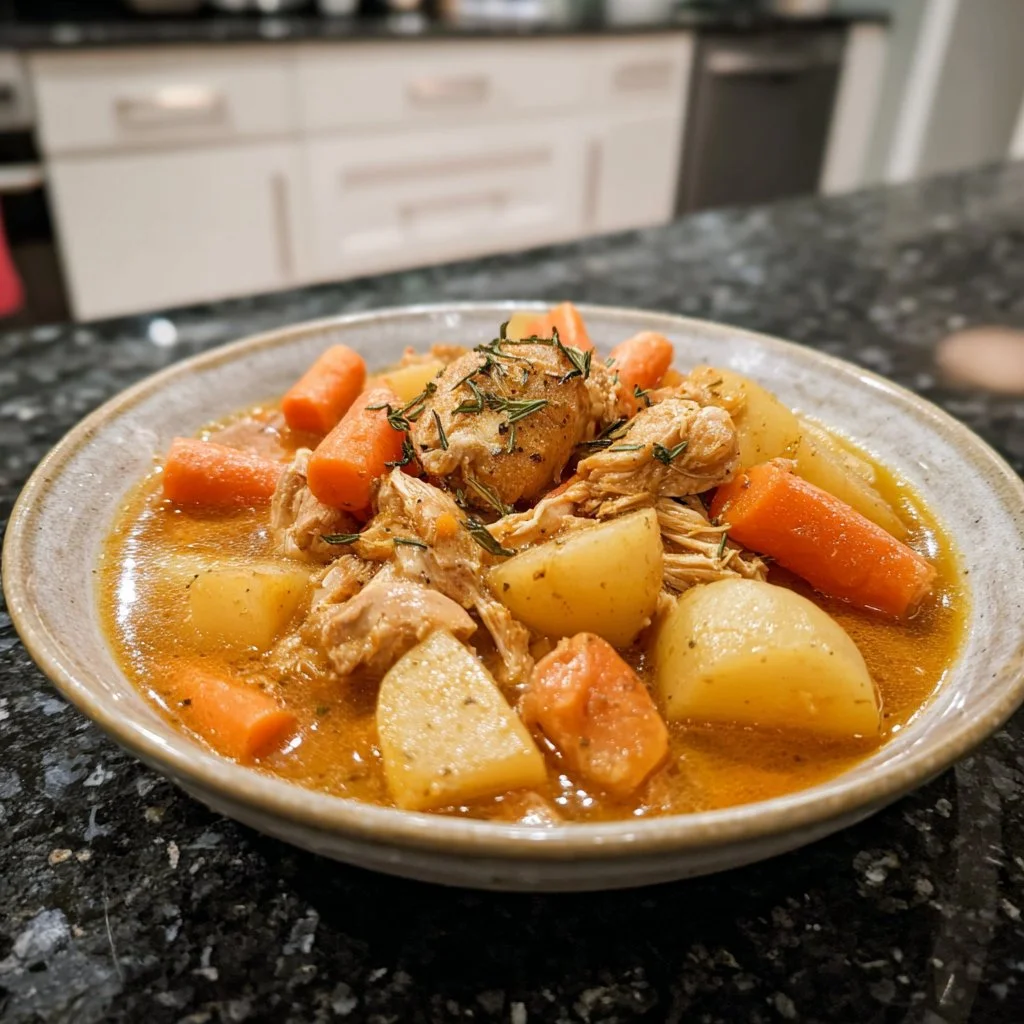 Delicious slow cooker chicken stew with vegetables in a bowl
