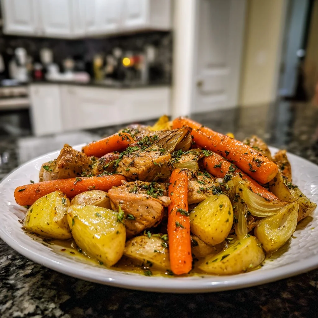 Slow cooker garlic butter chicken with fresh veggies in a delicious sauce.
