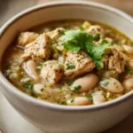 A bowl of white chicken chili topped with fresh cilantro and lime slices.