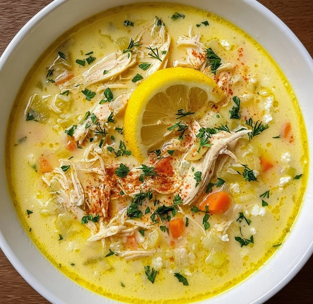 Bowl of Avgolemono, Greek lemon chicken soup garnished with lemon and herbs