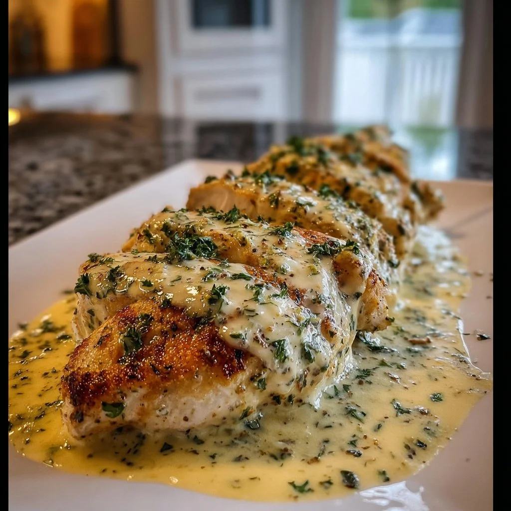 Baked Caesar Chicken with creamy parmesan sauce on a plate