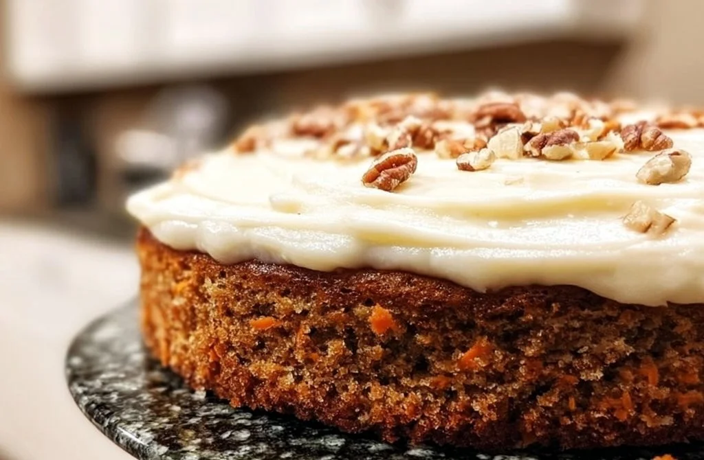 Delicious homemade carrot cake topped with cream cheese frosting and walnuts