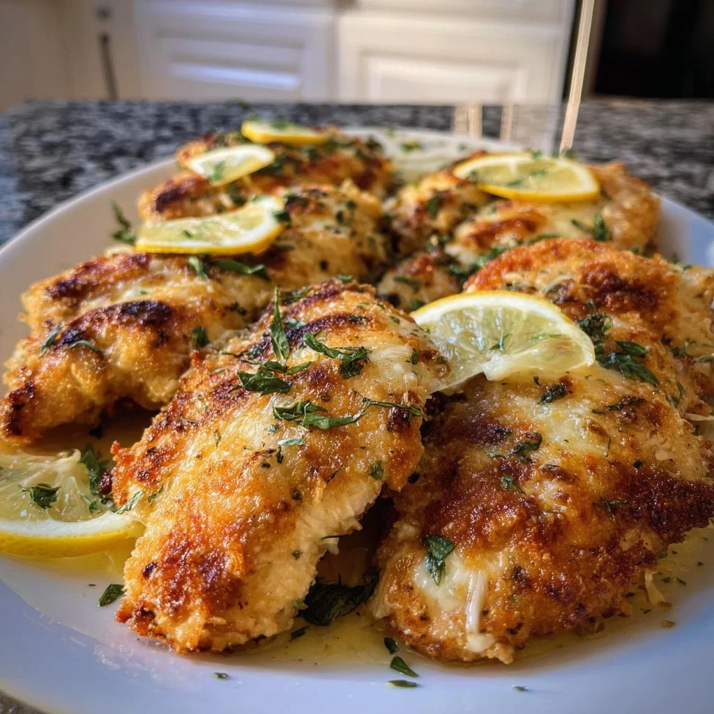 Cheesy lemon garlic chicken breasts garnished and cooked to perfection