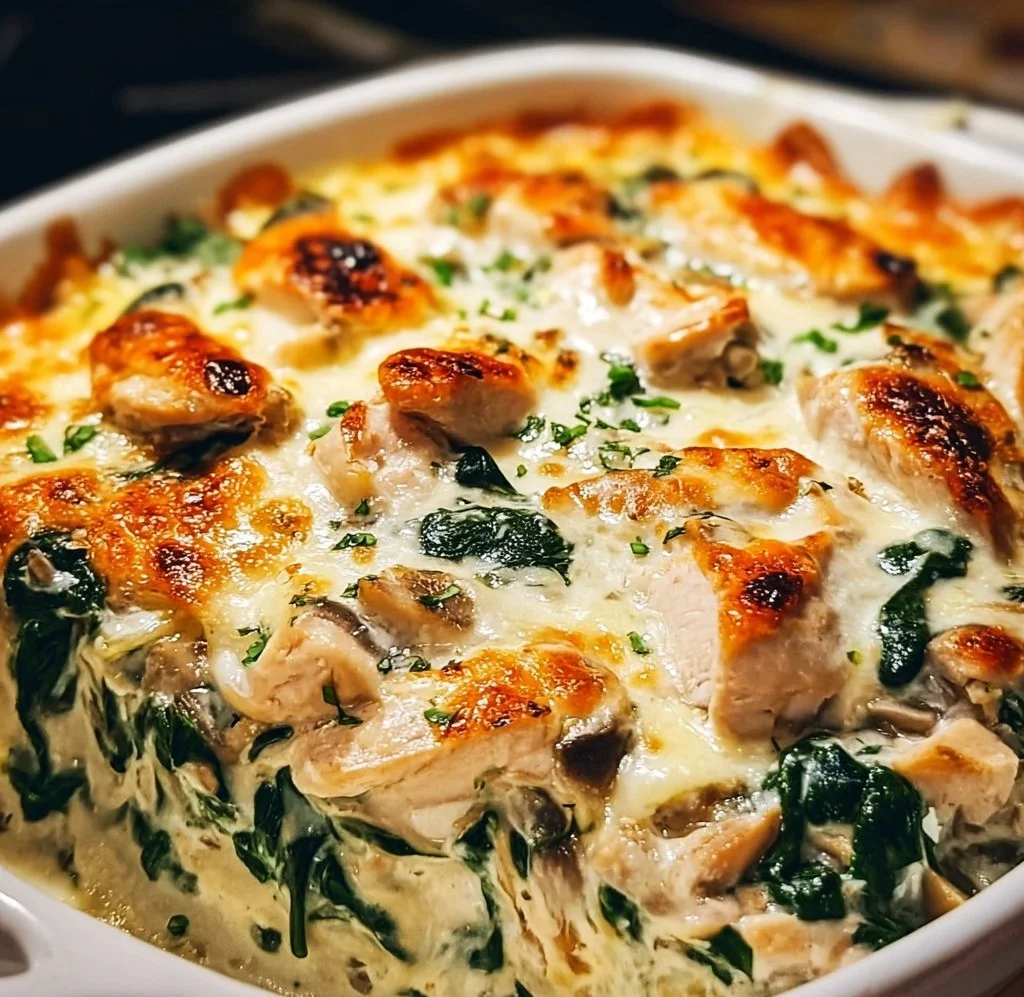 Delicious Chicken Spinach Casserole with cream cheese topped with herbs.