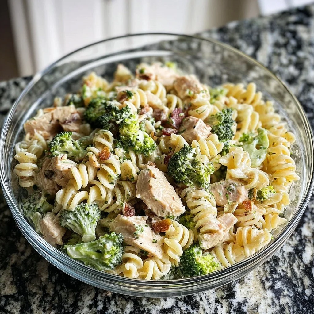 Delicious Chicken Broccoli Pasta Salad served in a bowl.