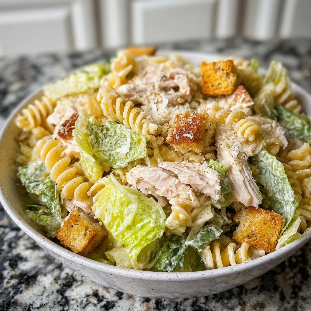 Delicious Chicken Caesar Pasta Salad with fresh ingredients and flavors.