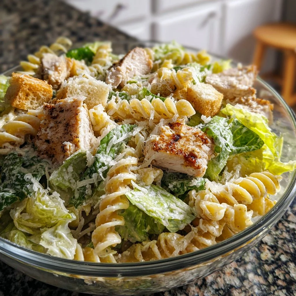 Delicious Chicken Caesar Pasta Salad served in a bowl with fresh ingredients.