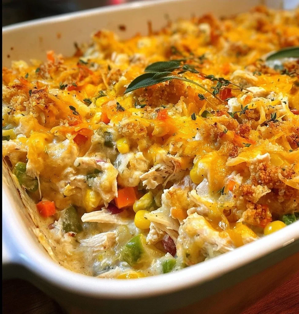 Delicious Chicken Vegetable Casserole with mixed vegetables and herbs