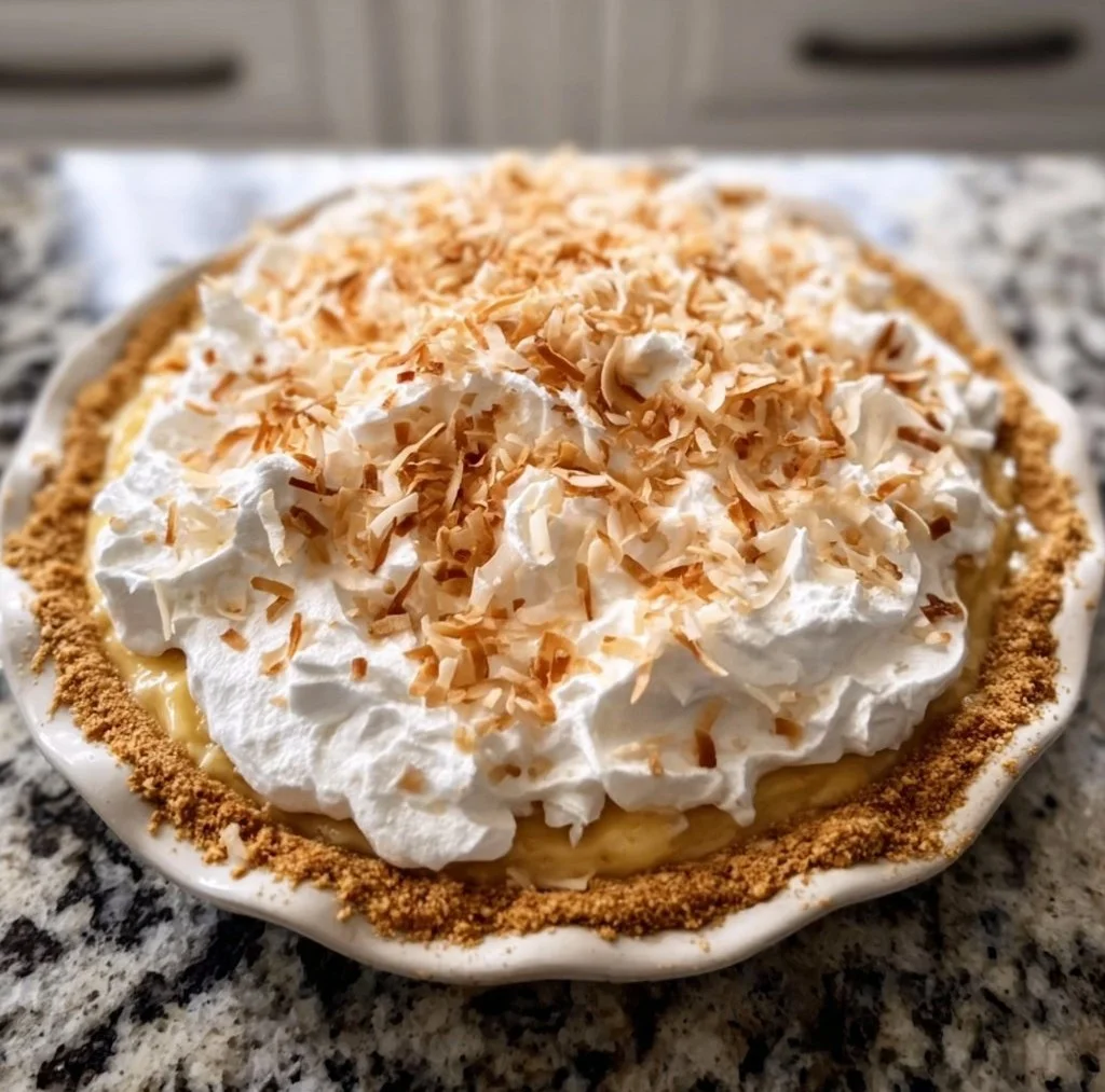 Delicious homemade Coconut Cream Pie topped with whipped cream and grated coconut.