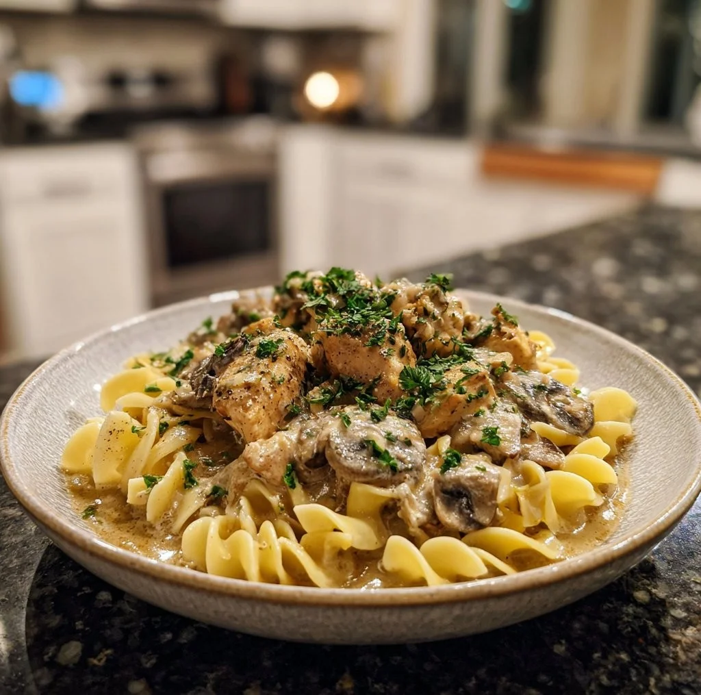 Cozy Crockpot chicken stroganoff served in a bowl, perfect for a soul-warming meal.