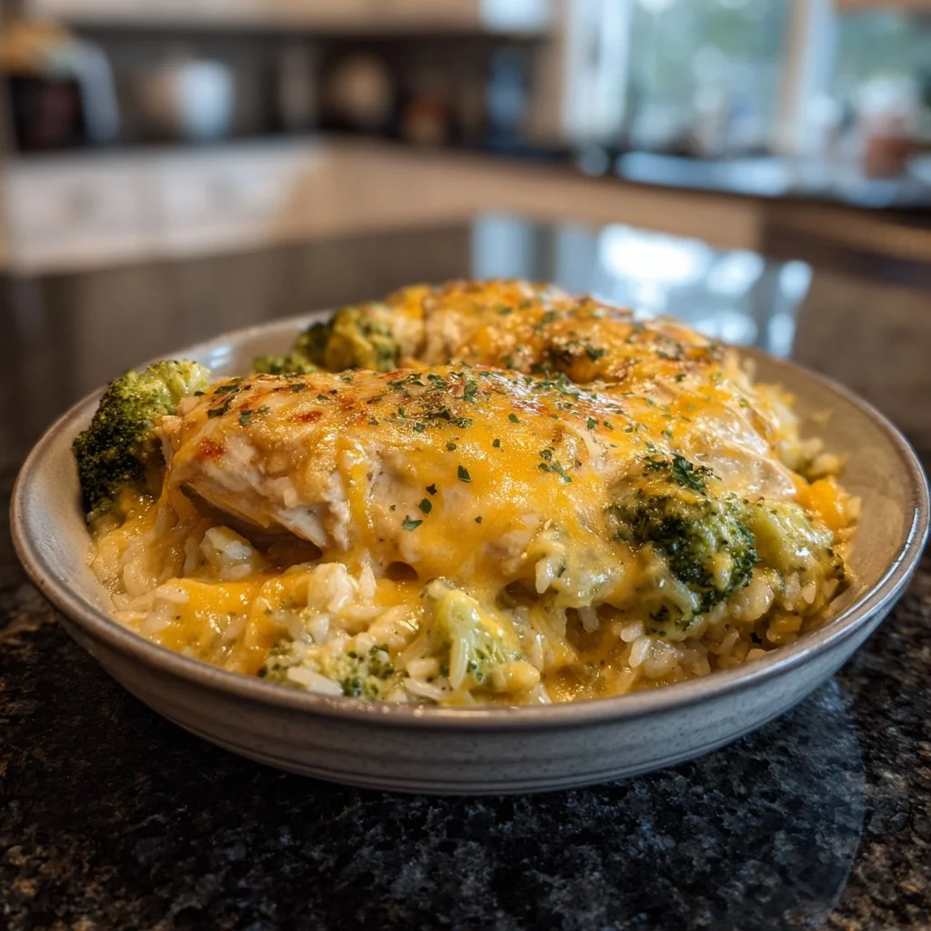 Cozy Cheesy Chicken and Broccoli Rice Delight served in a bowl
