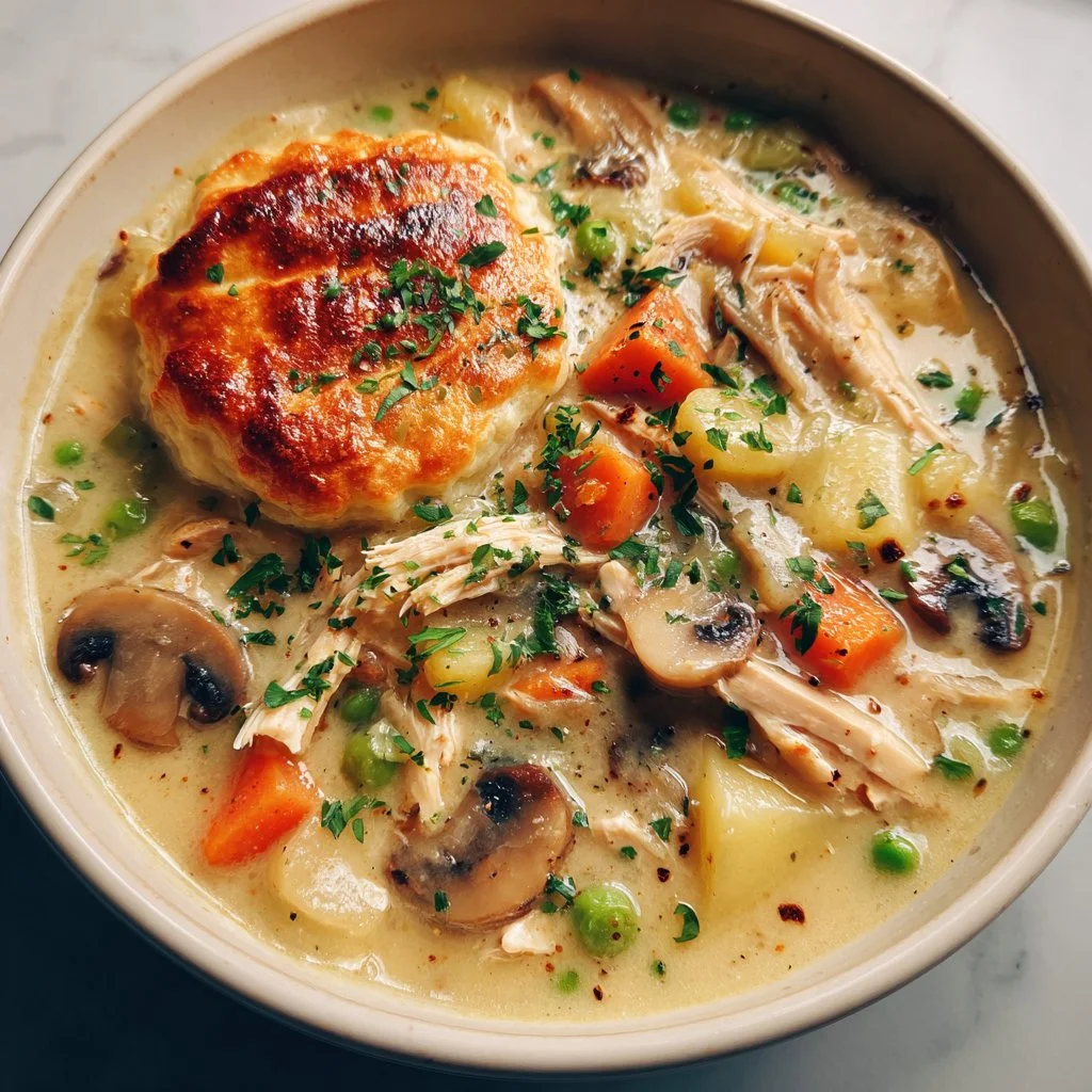 A bowl of cozy chicken pot pie soup with vegetables and herbs