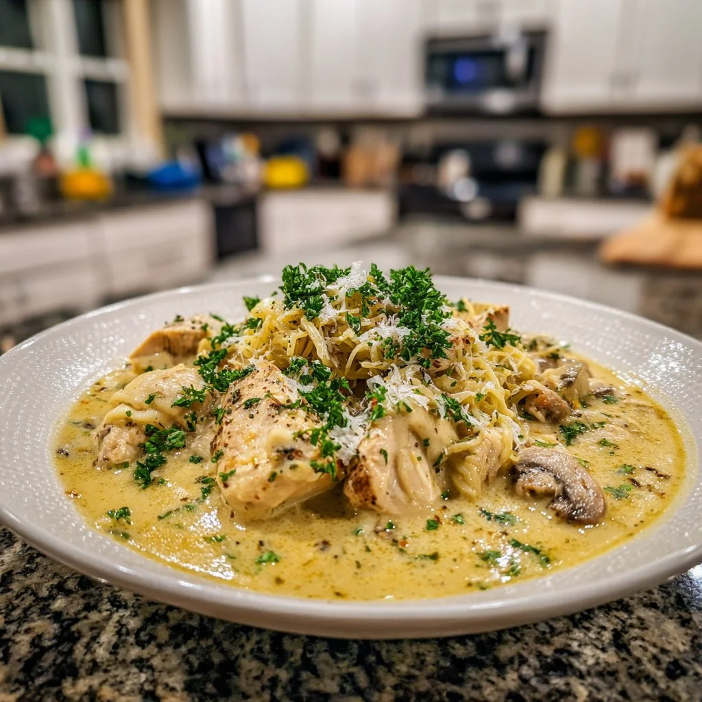 Creamy crock pot chicken served with vegetables for a cozy dinner night