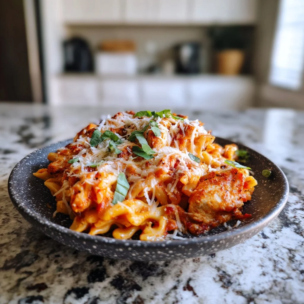 Cozy Crock Pot Chicken Parmesan Pasta Bake with melted cheese and herbs