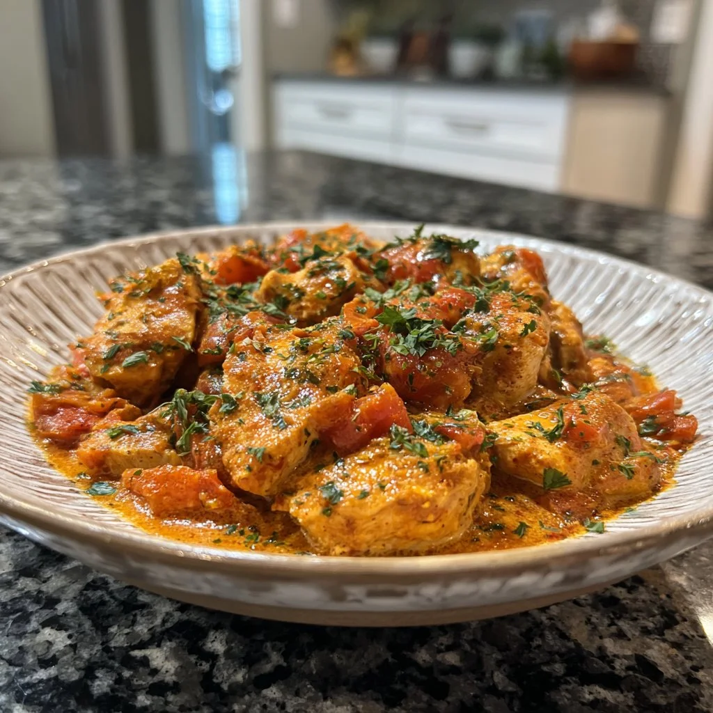 Delicious crockpot butter chicken served with rice and herbs
