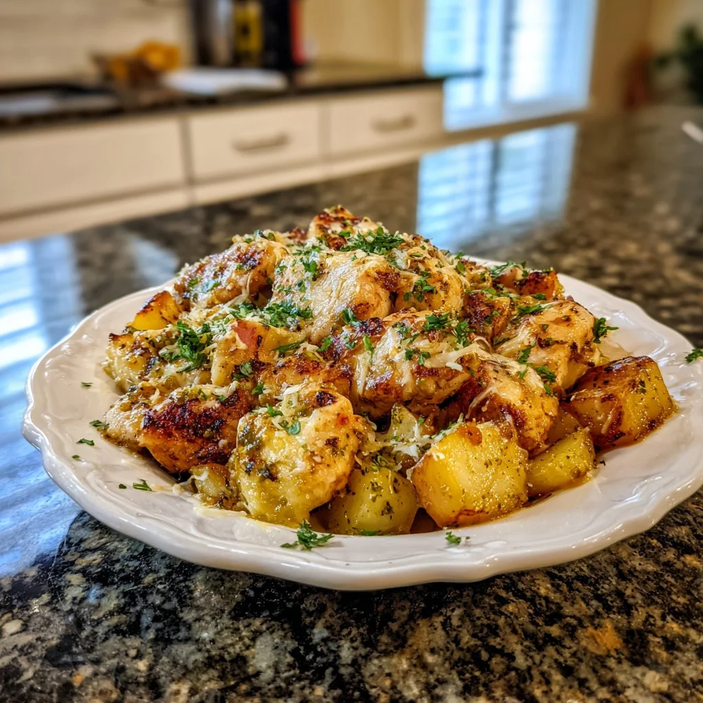 Cozy Garlic Parmesan Chicken served with roasted potatoes on a plate