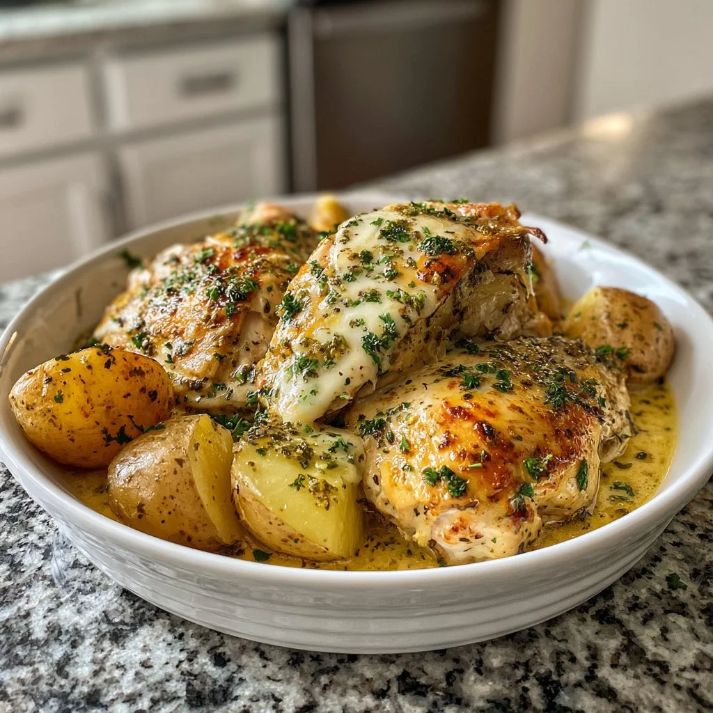 Cozy Garlic Parmesan Crockpot Chicken ready to serve in the slow cooker.