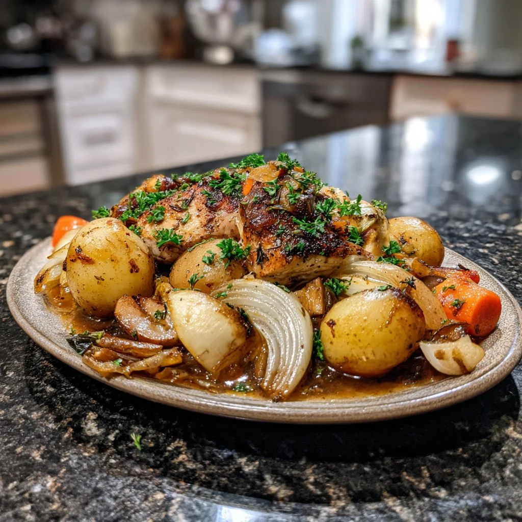 Delicious slow-cooked chicken dish served with fresh herbs and vegetables.