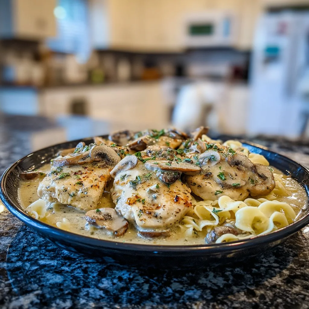 Cozy Mushroom Chicken Delight served in a bowl with fresh herbs