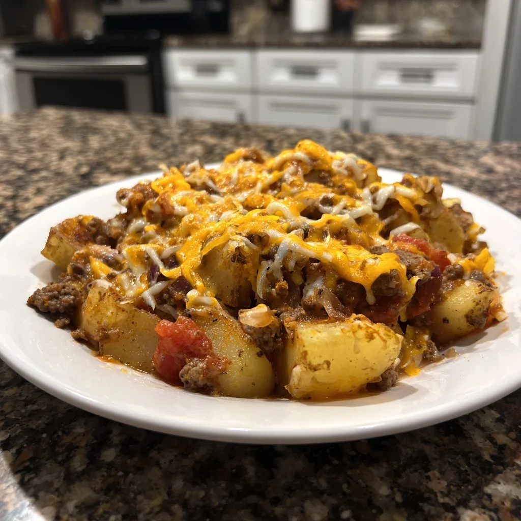 Delicious slow cooker cowboy casserole topped with cheese and bacon