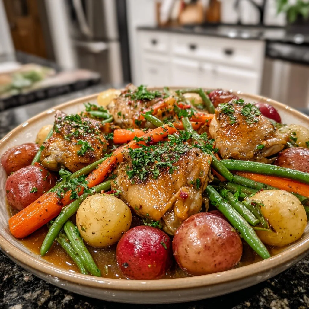 Slow cooker honey garlic chicken with mixed vegetables in a cozy setting