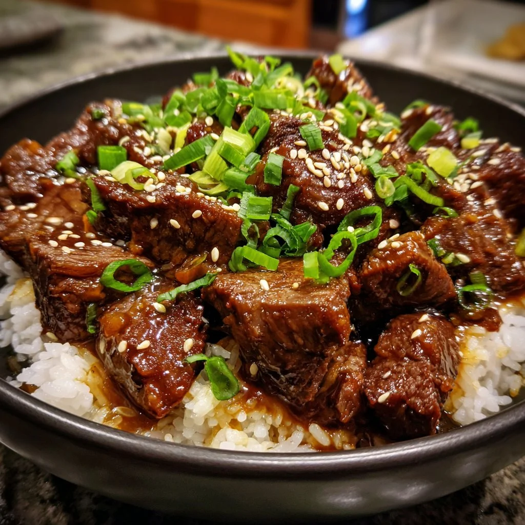 Cozy Slow Cooker Korean Beef served in a bowl with garnishes