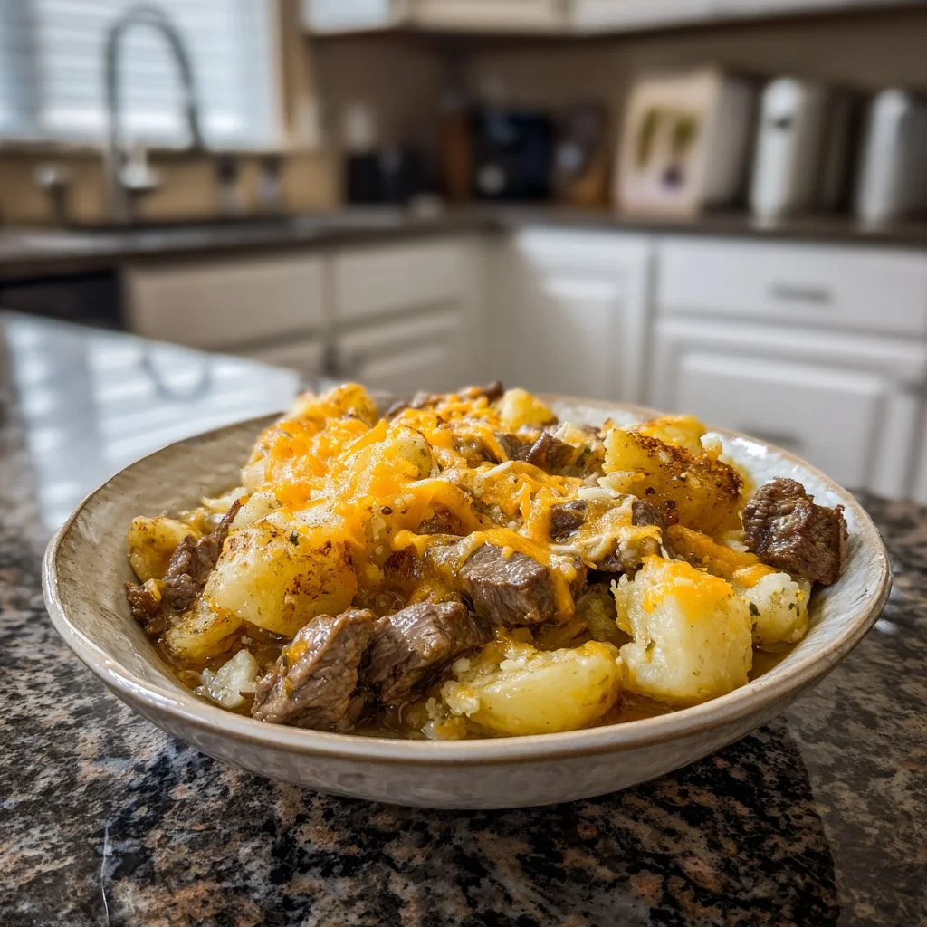 Cozy Slow Cooker Steak and Cheddar Potato Casserole ready to serve