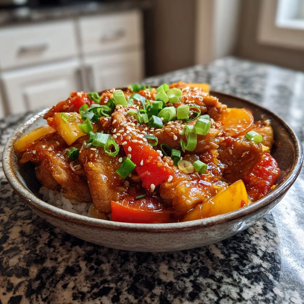 Cozy slow cooker sweet chili chicken served with rice and vegetables